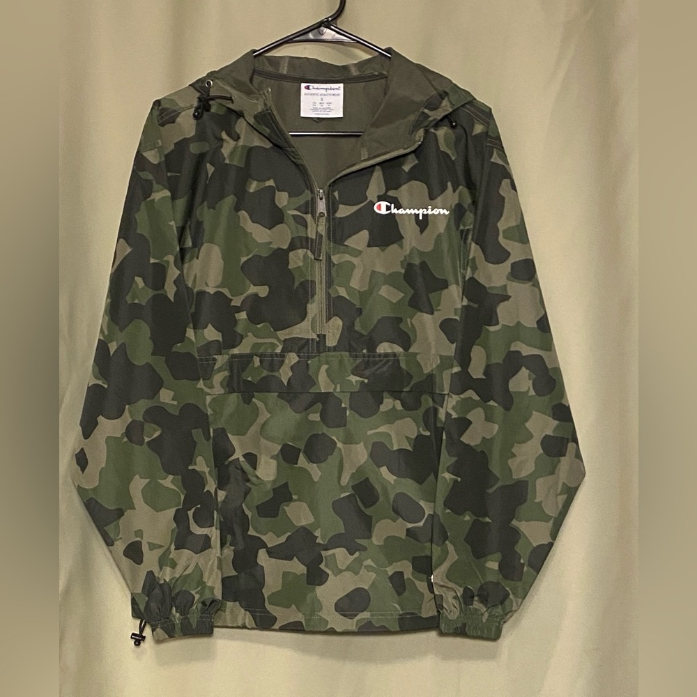 Champion Windbreaker Camo Green 1/2 Zip Packable Pullover Jacket Size Small